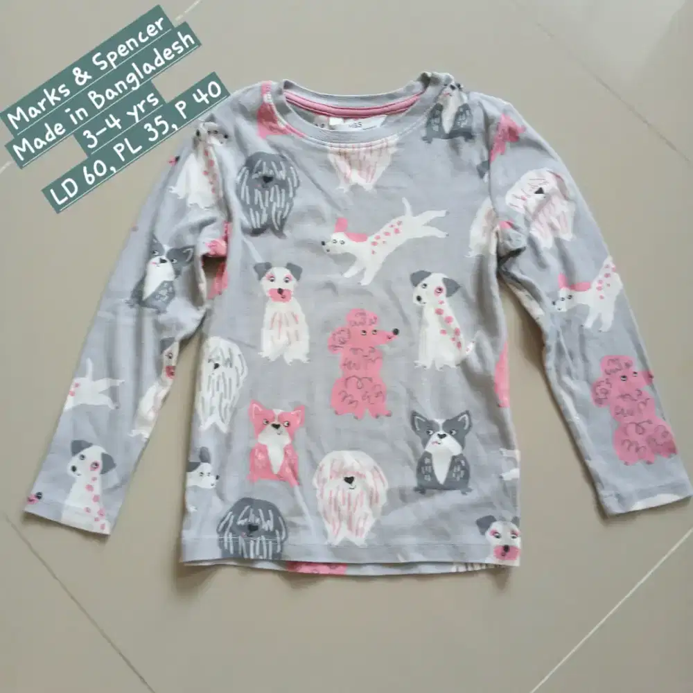 Baju tidur atasan t-shirt anak perempuan M&S 3-4 thn, preloved