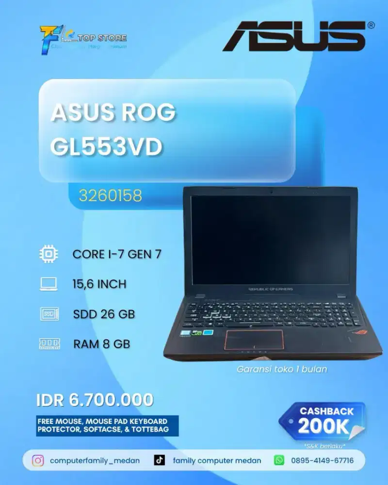 LAPTOP ASUS ROG GL553VD CORE I7 GEN 7 RAM 8GB SSD 256 GB GTX 1050