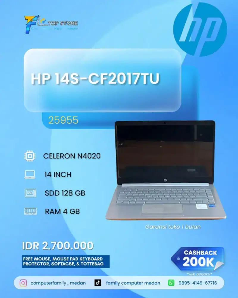 LAPTOP HP 14S-CF2017TU CELERON N4020 RAM 4GB SSD 128 GB BACKLITE MULUS