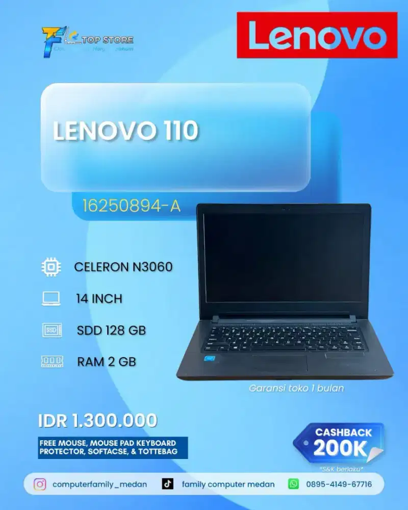 LAPTOP LENOVO 110 HD CELERON N3060 RAM 2GB SSD 128 GB