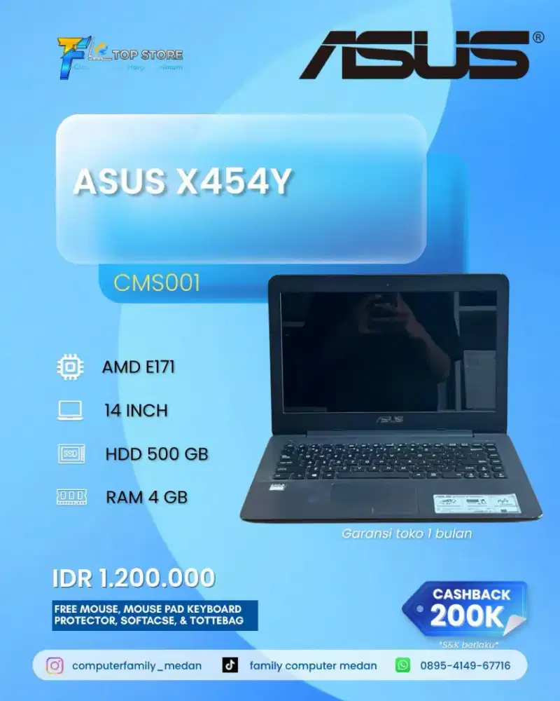 LAPTOP ASUS X454Y AMD E1 7010 RAM 4GB HDD 500 GB