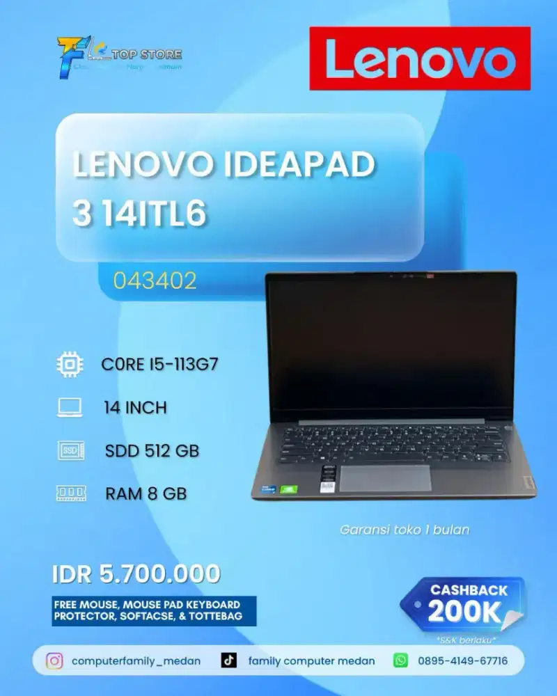 LAPTOP LENOVO IDEAPAD 3 14ITL6 CORE I5-1135G7 RAM 8 GB SSD 512 GB