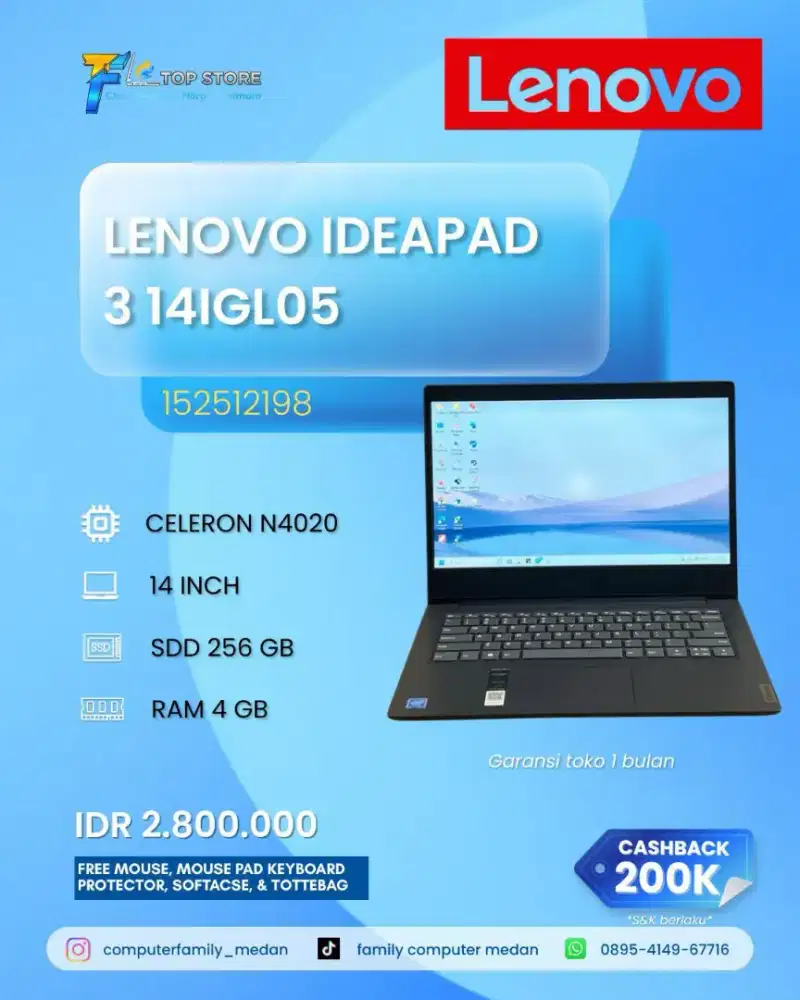 LAPTOP LENOVO IDEAPAD 3 14IGL05 CELERON N4020 RAM 4 GB SSD 256 GB