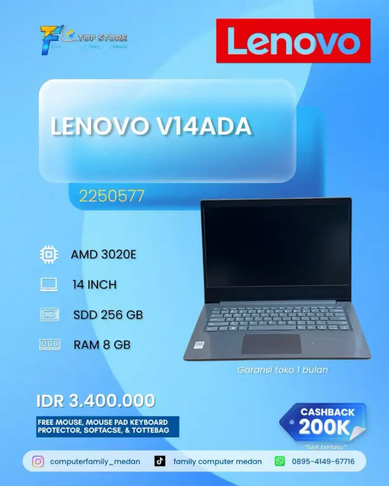 LAPTOP LENOVO V14ADA AMD 3020E RAM 8 GB SSD 256 GB