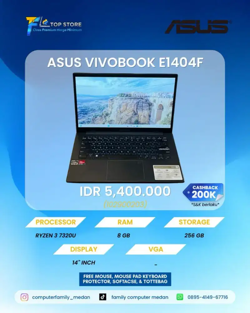 LAPTOP ASUS VIVOBOOK E1404F FMD AMD RYZEN 3 7320U RAM 8GB SSD 256 GB