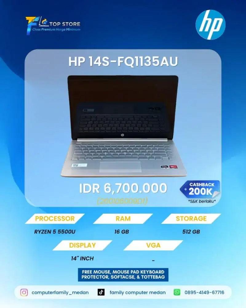LAPTOP HP 14S-FQ1135AU AMD RYZEN 5-5500U RAM 16 GB SSD 512 GB LIKE NEW