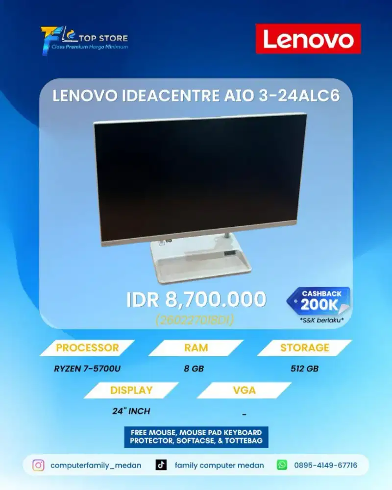 LAPTOP LENOVO IDEACENTRE AIO 3-24ALC6 AMD RYZEN 7-5700U RAM 8/512 GB