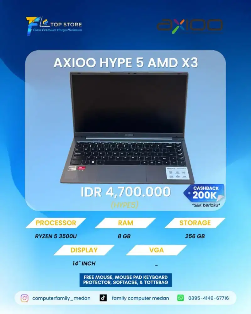 LAPTOP AXIOO HYPE5 AMD X3 FHD AMD RYZEN 5-3500U RAM 8 SSD 256 GB