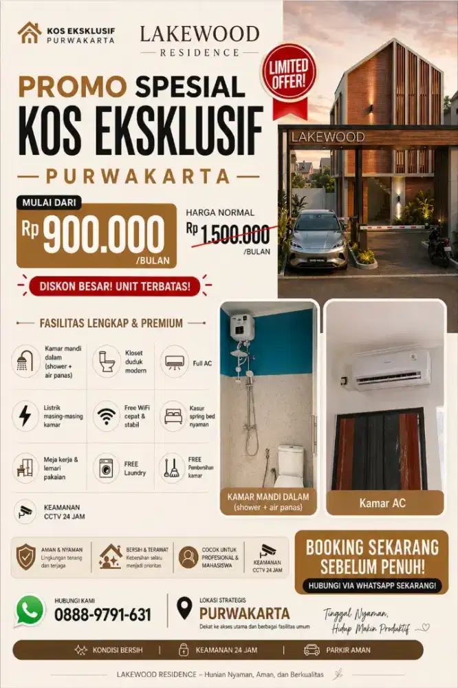 Kos Eksklusif Purwakarta hanya 900rb/bln. Fasilitas AC + K.Mandi Dalam