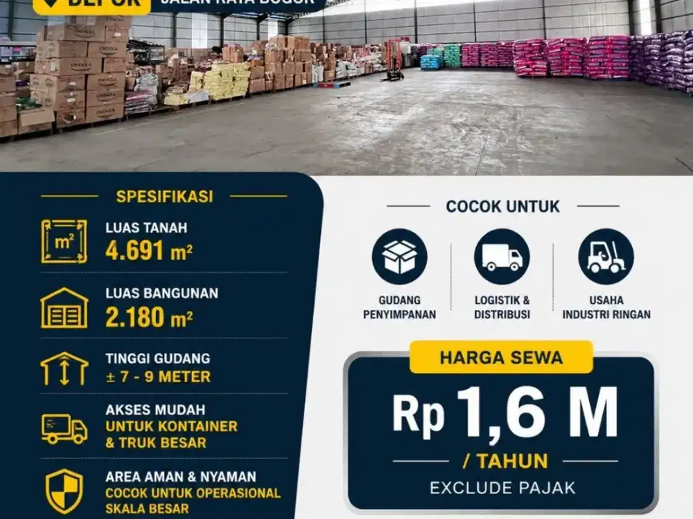 Disewakan Gudang murah 2180m2-Depok-Jl raya bogor