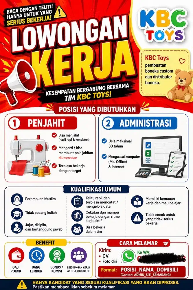 Lowongan Admin dan Penjahit KBC Toy