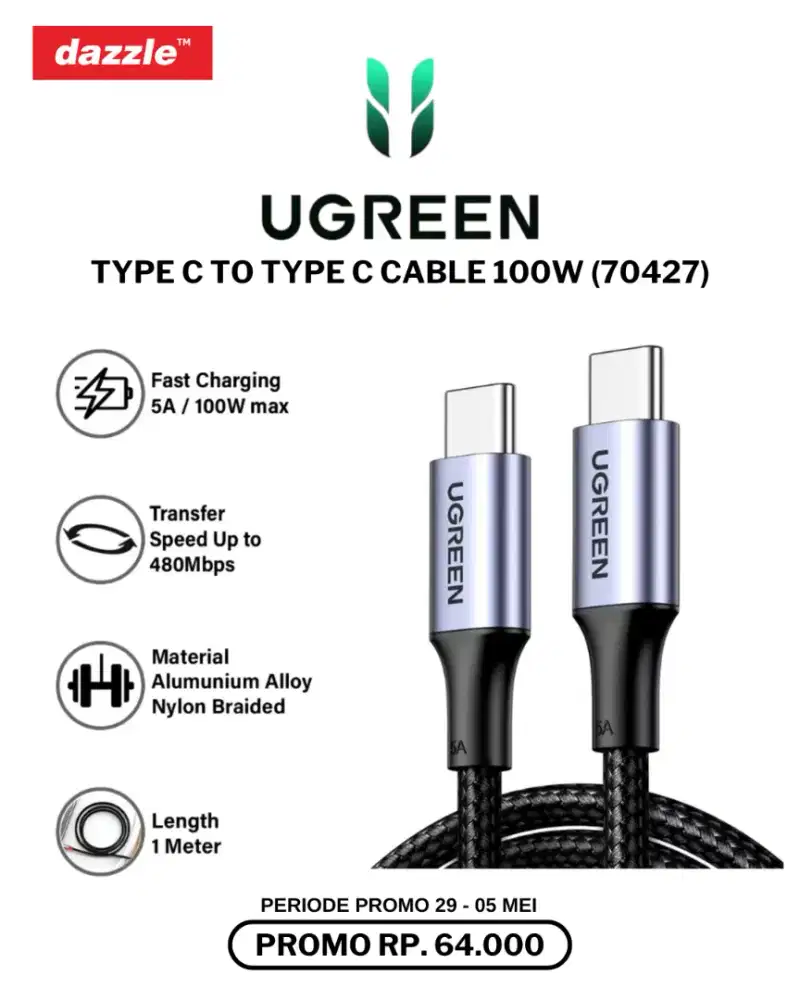 UGREEN TYPE C TO TYPE C 100W CABLE (70427)