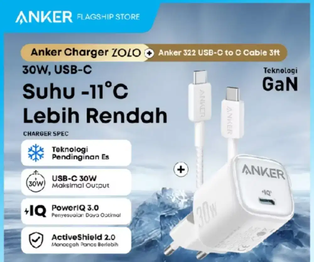 Anker Zolo GaN 30W Charger Kabel USB Type C to C Fast Putih Ori
