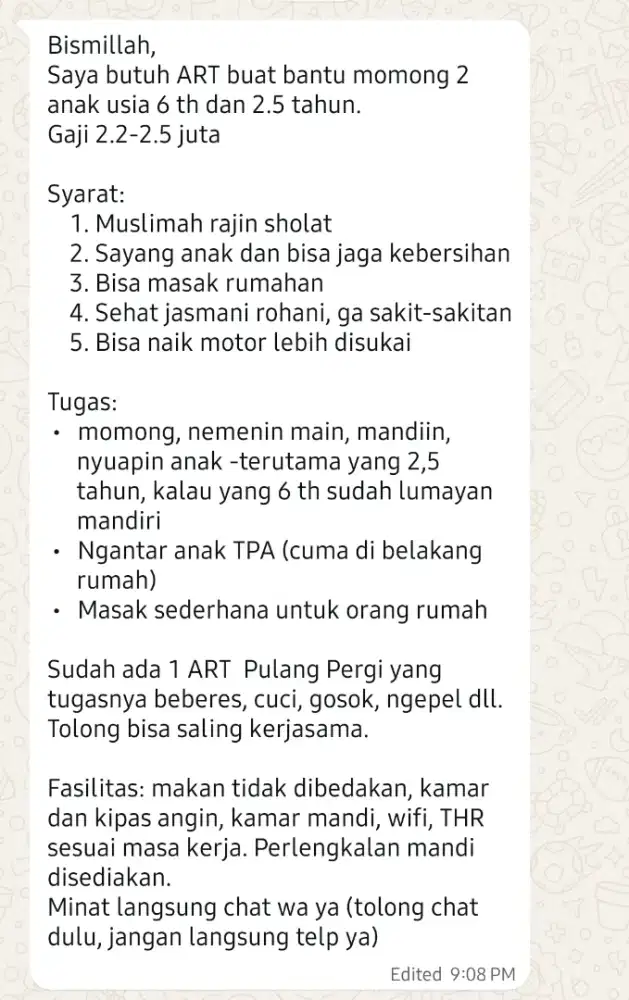 Lowongan ART Momong dan beberes