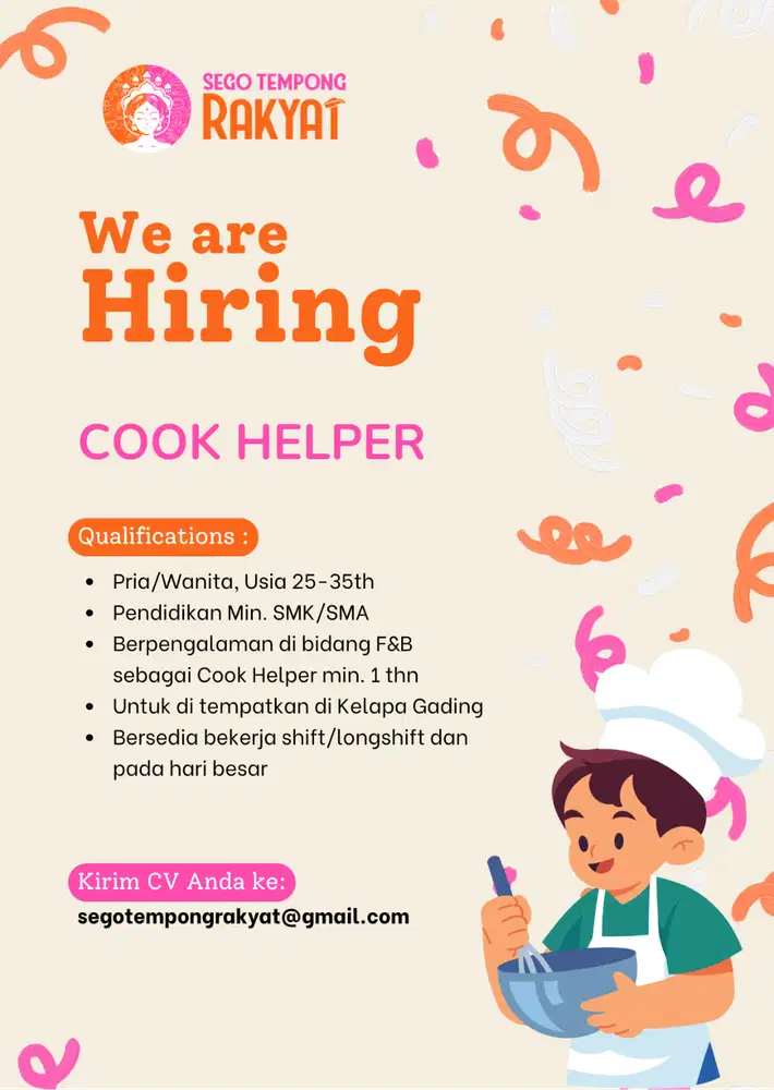Lowongan Team Cook Helper Restoran Nusantara di Kelapa Gading