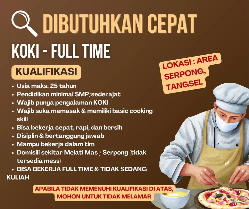 LOWONGAN KERJA KOKI FULL TIME