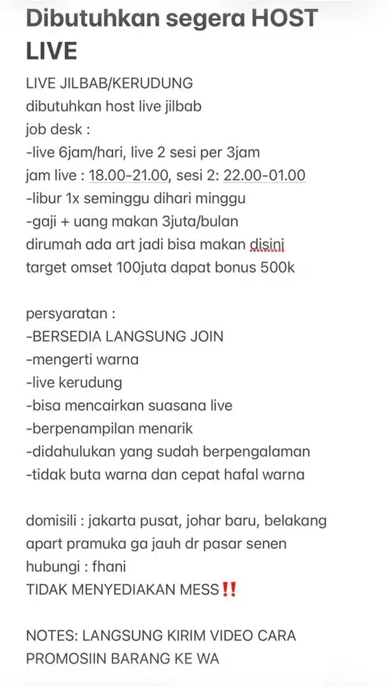 DIBUTUHKAN SEGERA HOST LIVE JILBAB JAKPUS JOHAR BARU