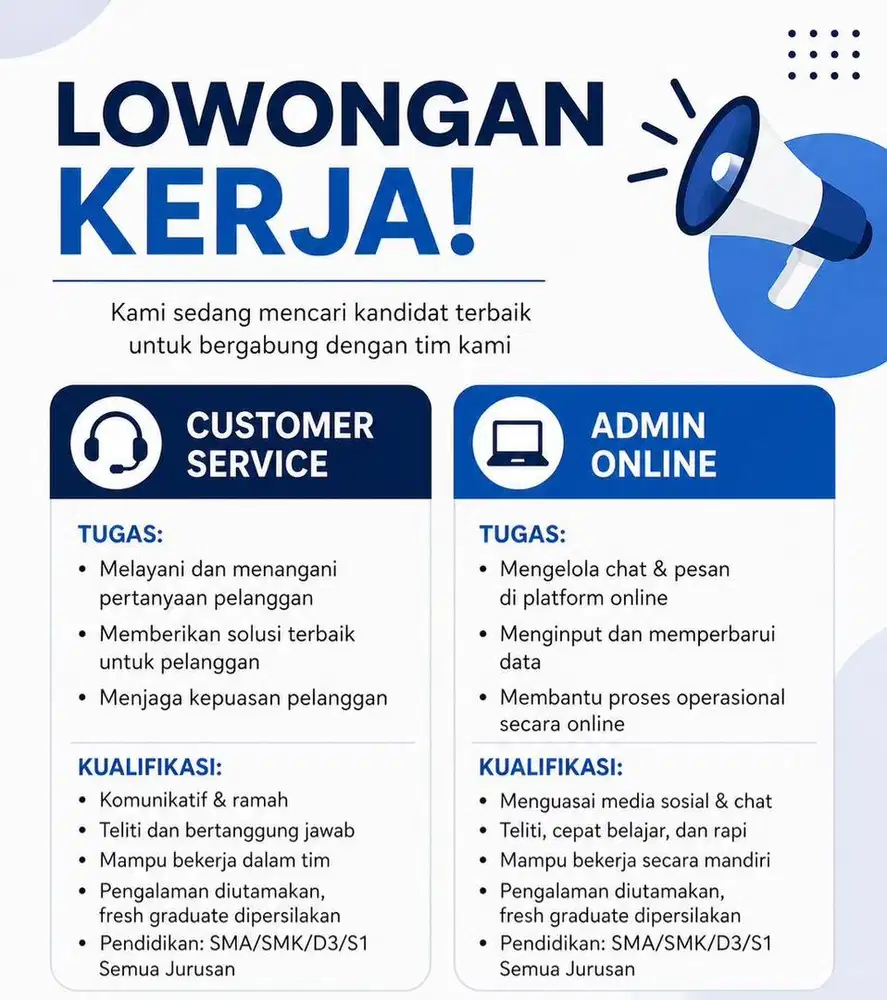 Dibutuhkan segera admin online dan customer service online