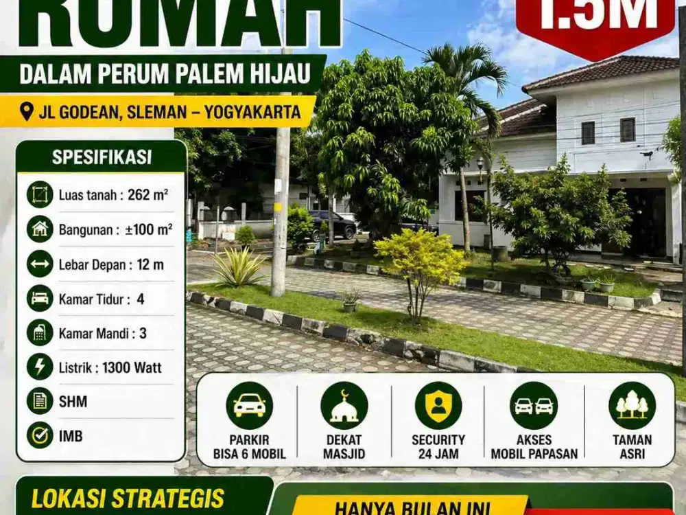 JUAL CEPAT RUMAH PERUM PALEM HIJAU GODEAN – LUAS, PARKIR 6 MOBIL!