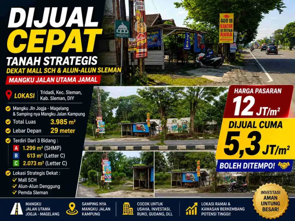 Tanah Hook Jalan Utama Jogja–Magelang Dekat SCH Sleman – 3985 m² Harga Jatuh Bisa Tempo