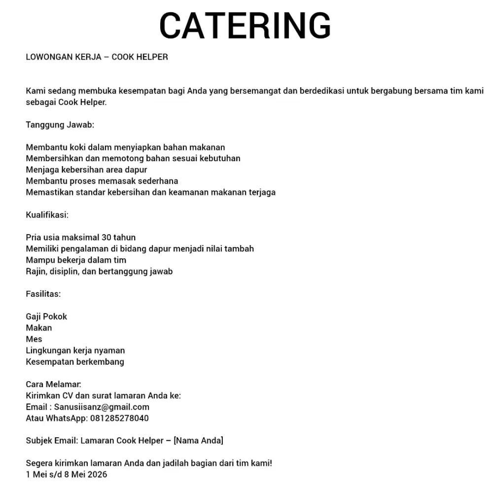 LOWONGAN KERJA CATERING