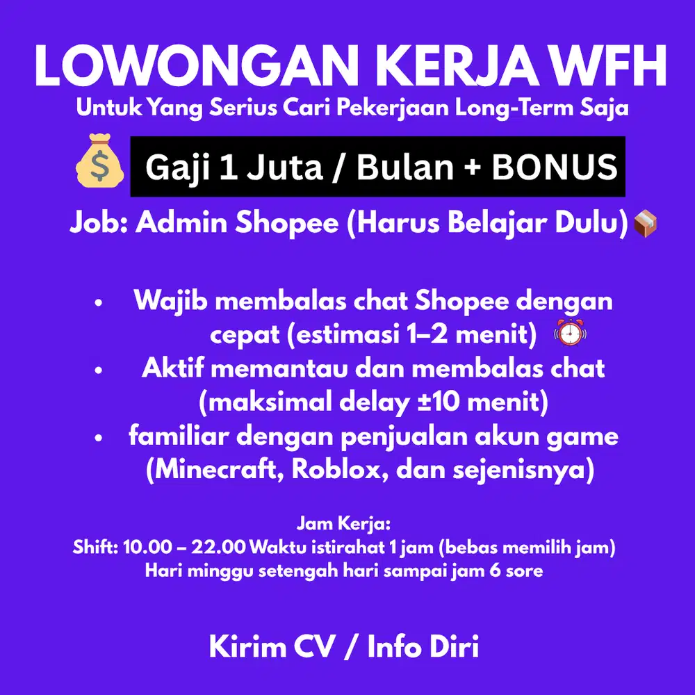 Admin Shopee – Gaji 1 Juta + Bonus (Serius Only)