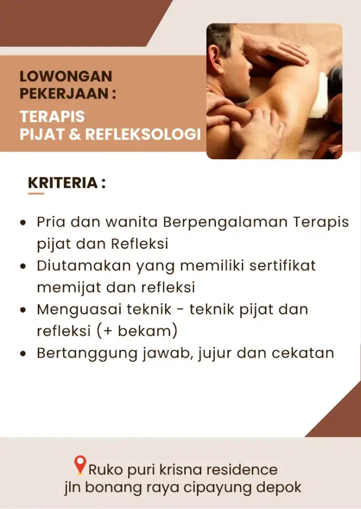 DIBUTUHKAN SEGERA KARYAWAN TERAPIS DAN PIJAT