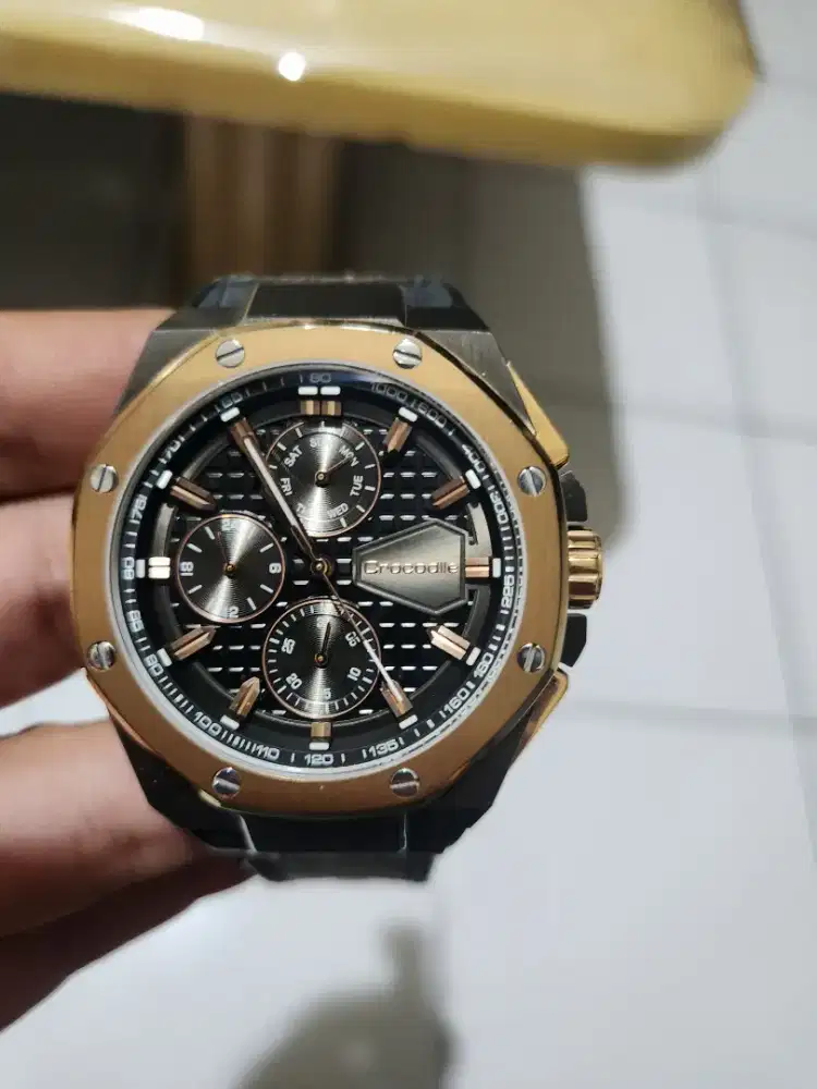 Crocodille CM038D chrono tgl aktif leather gold ori mulus mewah sby