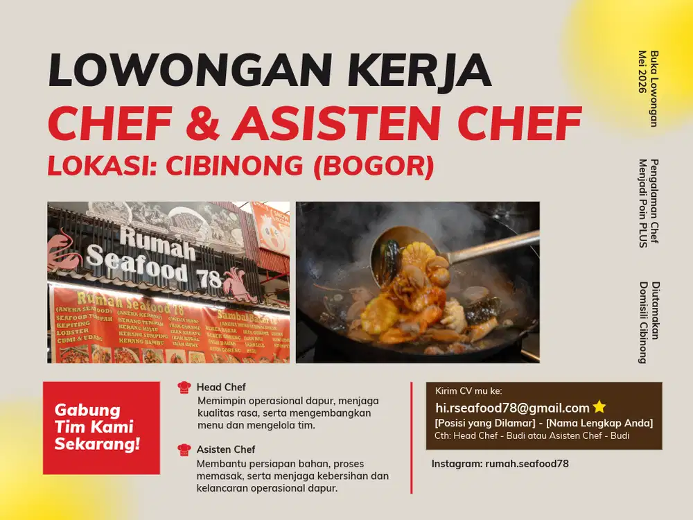 LOWONGAN KERJA SEAFOOD - HEAD CHEF & ASISTEN CHEF