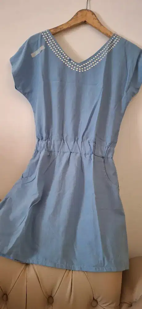 Dress blue pinggang karet