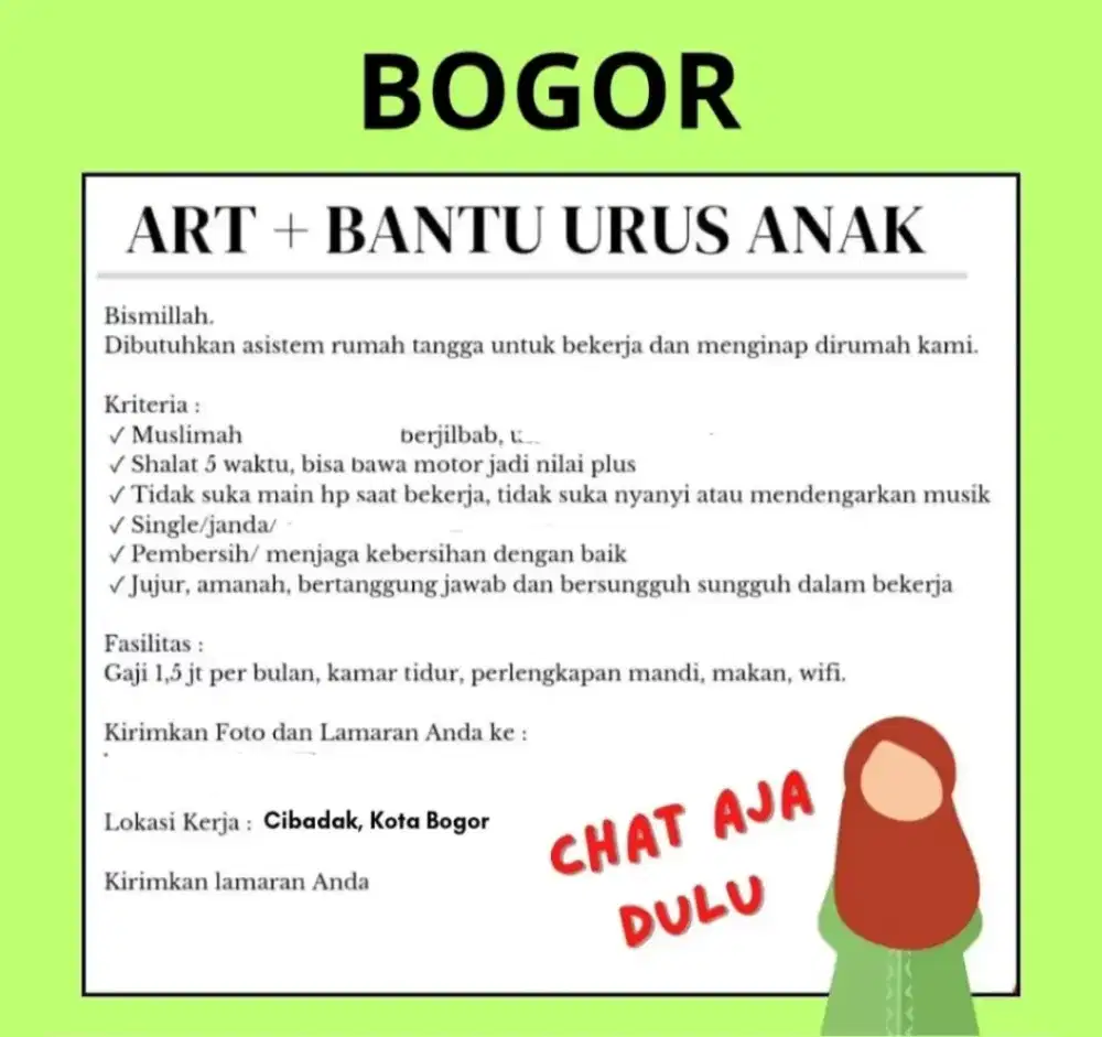 Cari ART Menginap Jilbab Muslimah Majikan Langsung