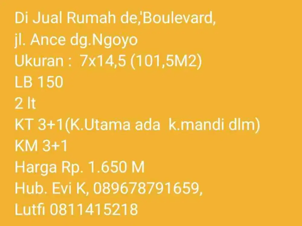 Di Jual Rumah de 'Boulevard,  2 lt, dekat mall Mall Panakukang