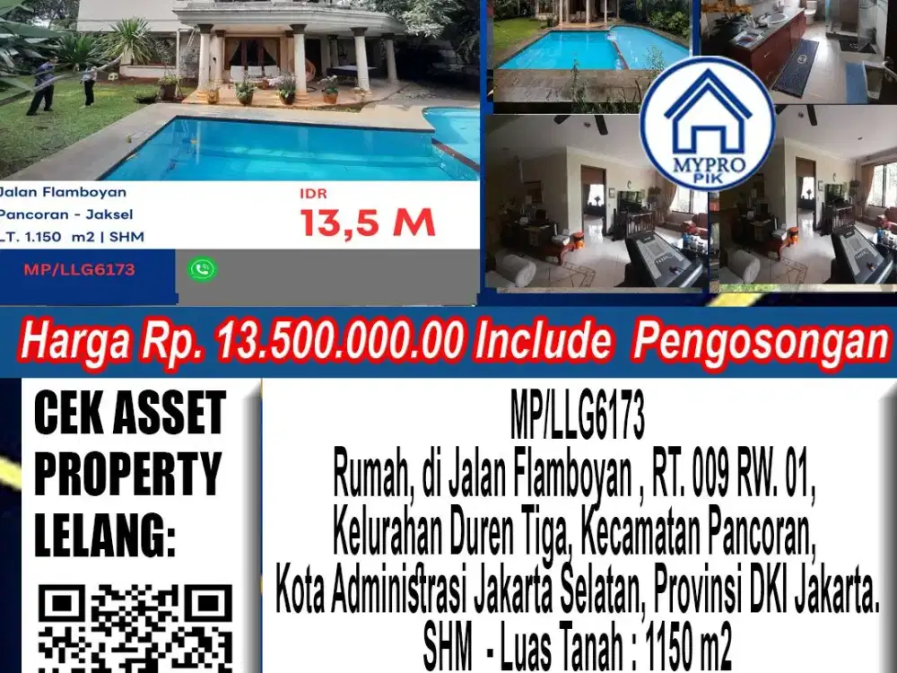 Rumah Mewah Ada Kolam Renang. Jalan Flamboyan No. F5, Kelurahan Duren Tiga, Kecamatan Pancoran, Kota Administrasi Jakarta Selatan