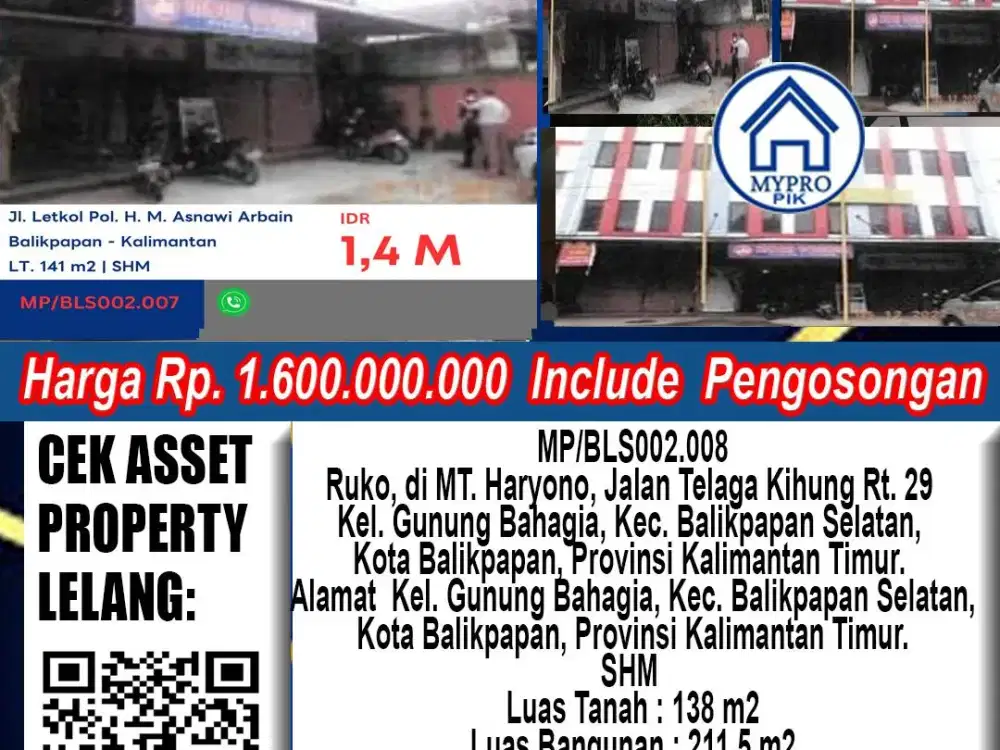 Lelang ruko di jalan MT. Haryono Jalan Telaga Kihung Balikpapan Selatan