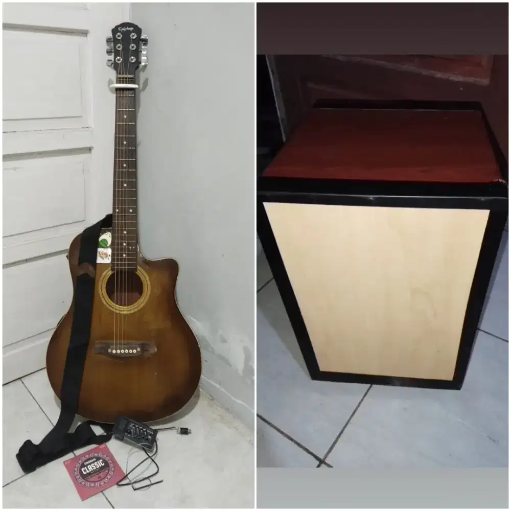 pketan gitar akustik dan cajon mantap byk bonus siap pakai nett