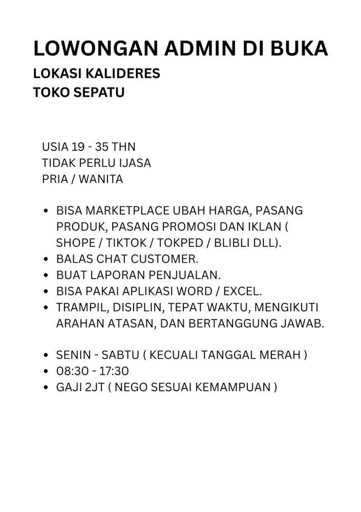 BUKA LOWONGAN ADMIN MARKETPLACE / TOKO ONLINE KALIDERES JAKARTA BARAT