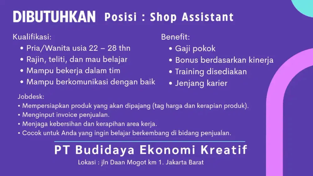 Peluang Kerja  Jaga Toko Perintilan di Jakarta Barat