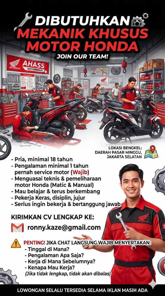 Di cari mekanik untuk bengkel Honda