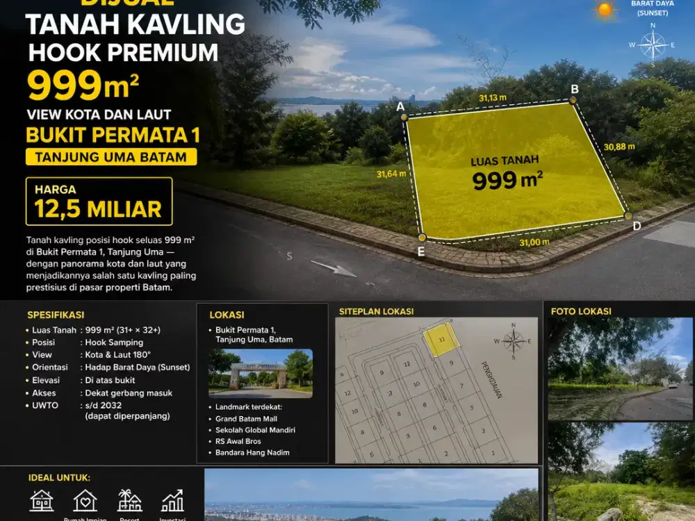 Jual Kavling Tanah Bukit Permata Nagoya Baloi View Sunset Posisi Hook 999m2 Persegi