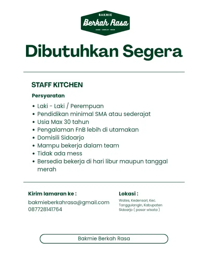 Lowongan Staff kitchen