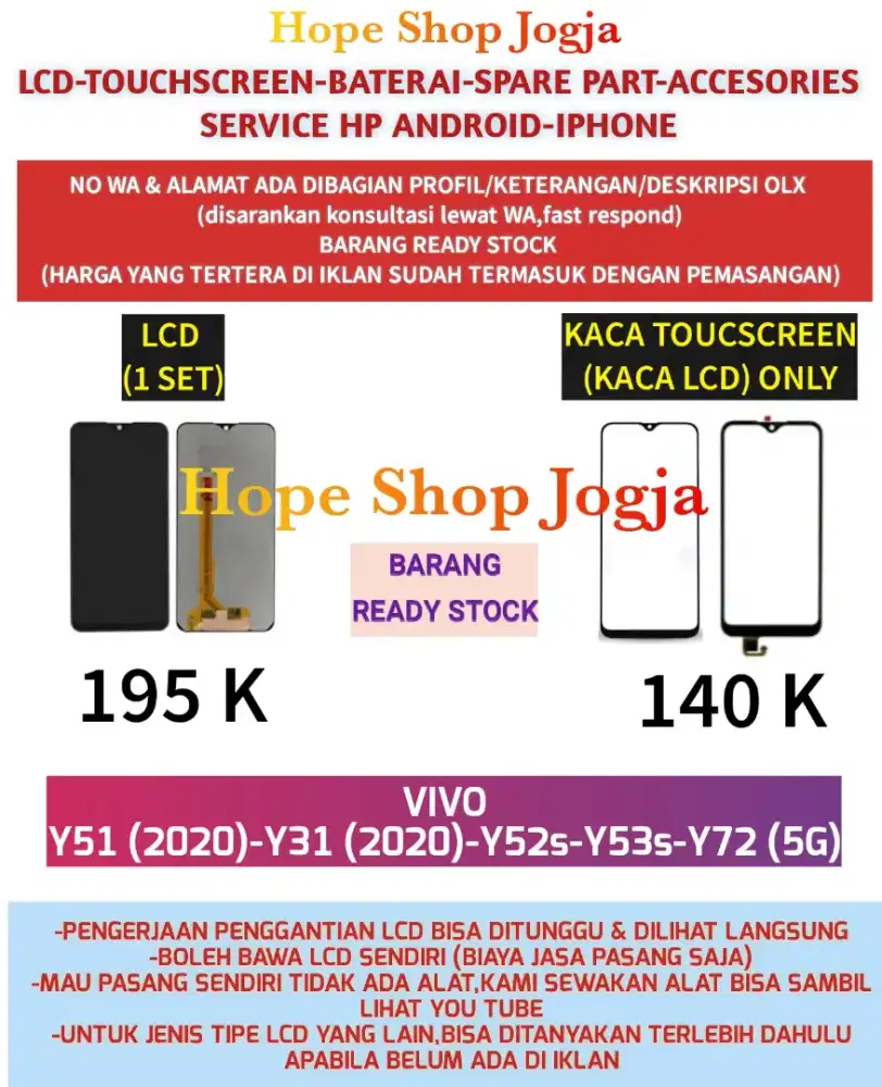 Touchscreen-Baterai-Lcd VIVO
Y51 (2020)-Y31 (2020)-Y52s-Y53s-Y72 (5G)
