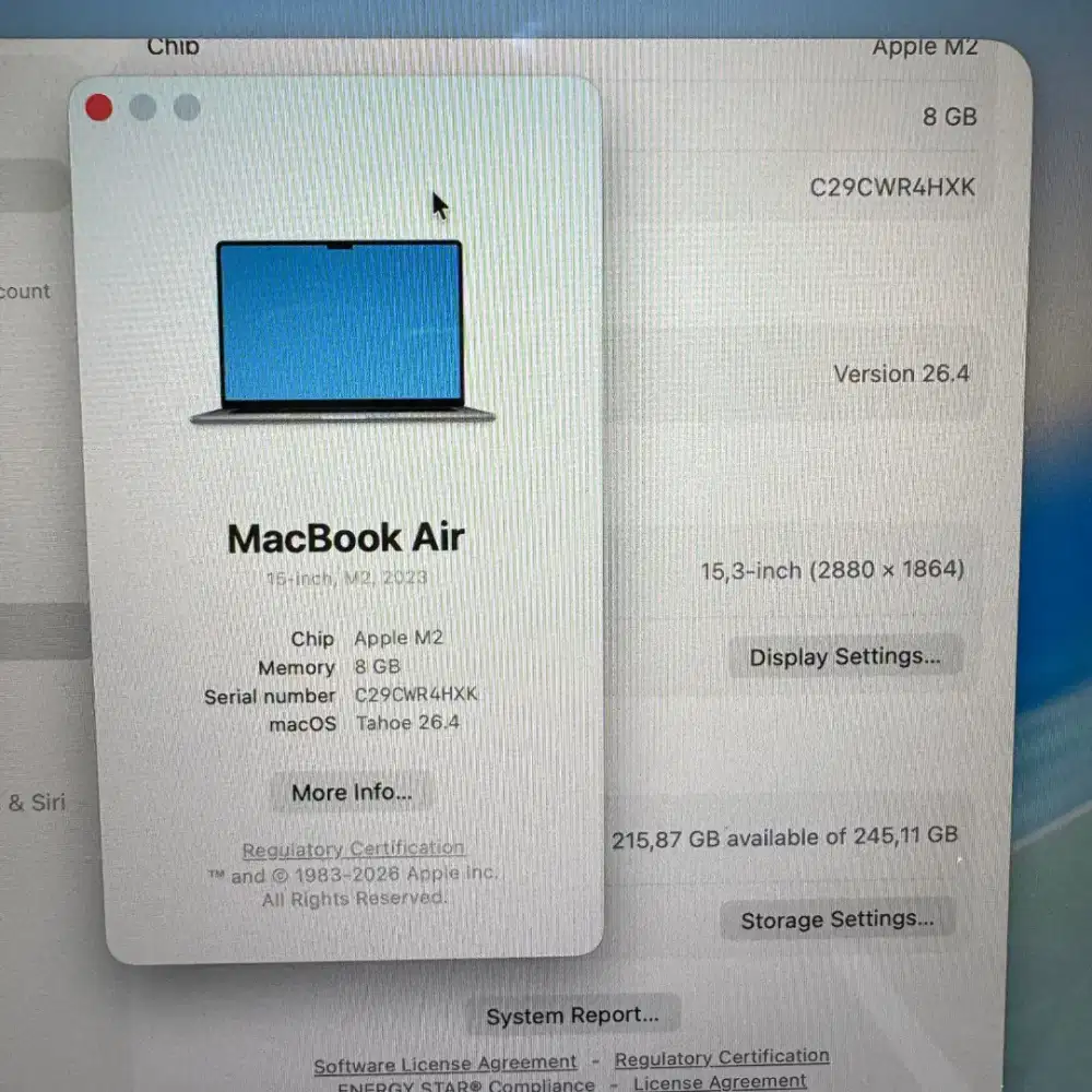 Macbook Air M2 15 Inch Ram 8 Ssd 256  lngkap full set Space grey mulus