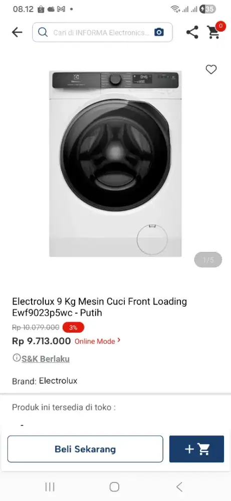 Electrolux 9 kg mesin cuci front loding ewf9023