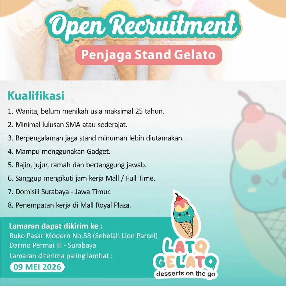 LOWONGAN KERJA PENJAGA STAND GELATO