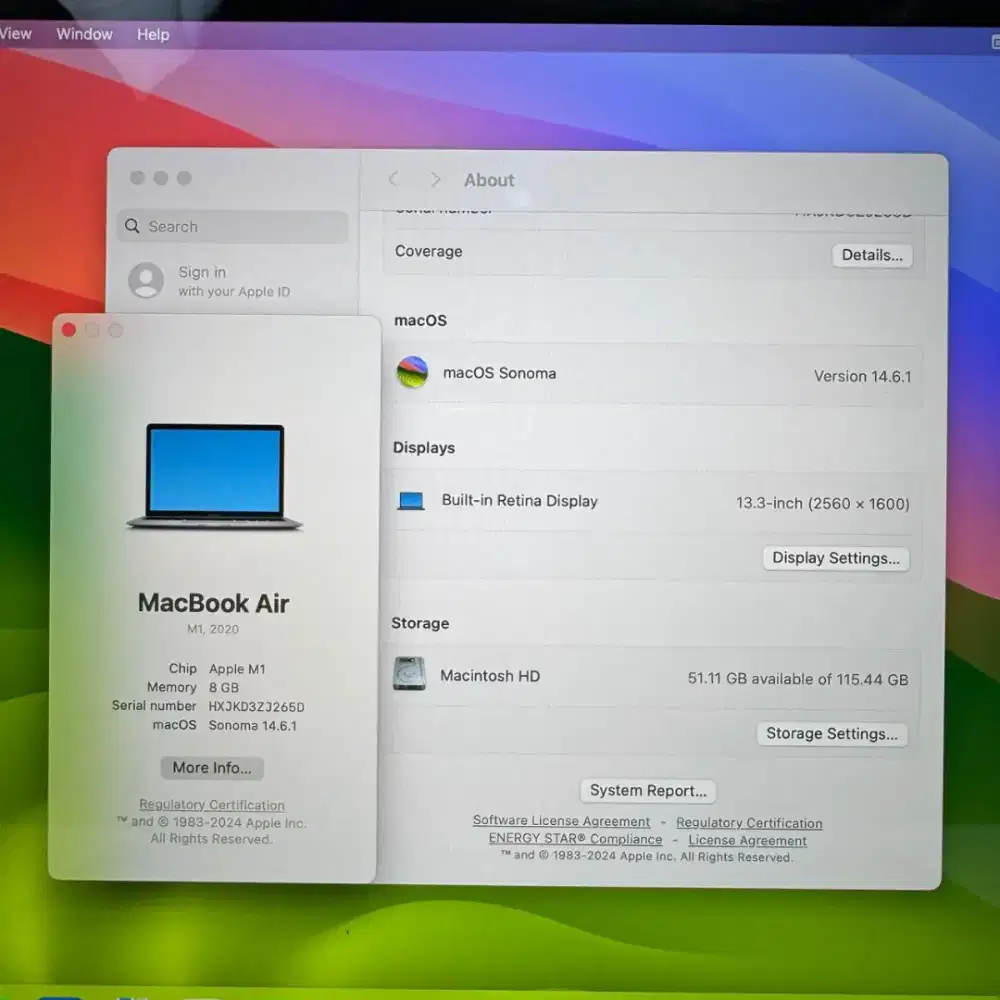 Macbook Air M1 Ram 8 Ssd 128 Layar 13 inch Full set Space Grey
