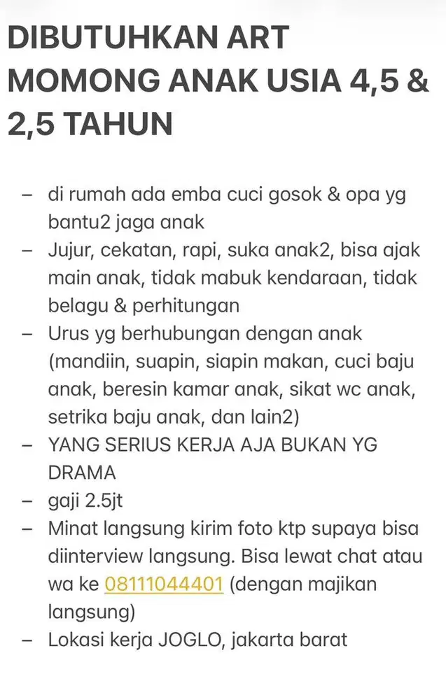 DIBUTUHKAN ART MOMONG ANAK MENGINAP