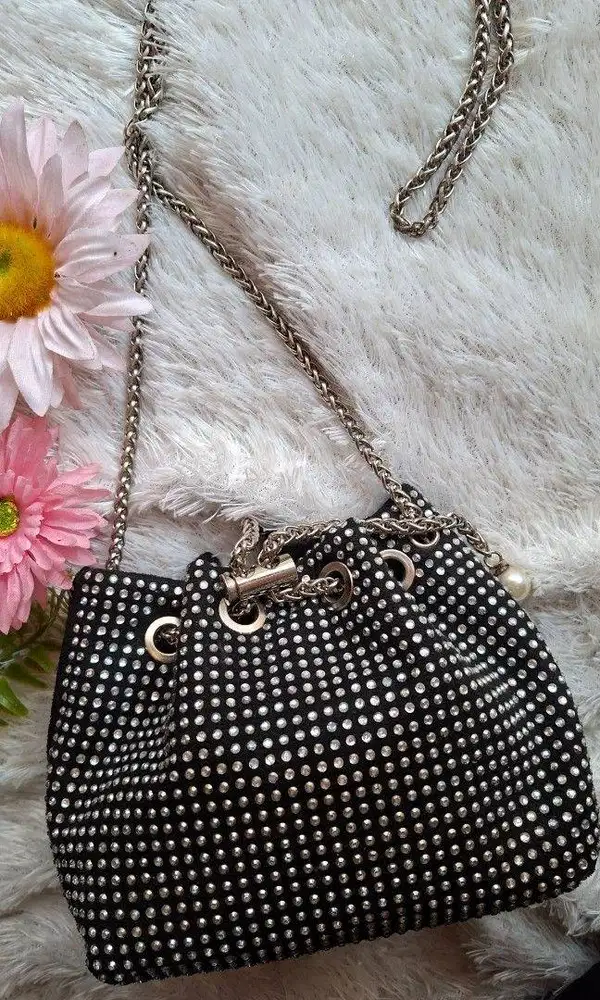 Rhinestone Bucket Bag, Tas Pesta Kristal, Tas Serut Bling-Bling, Vinta