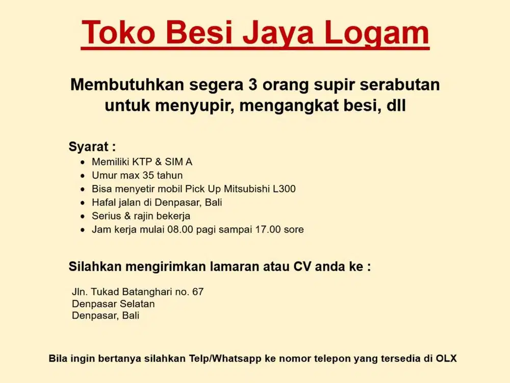 Lowongan Supir Serabutan di Toko Besi Jaya Logam