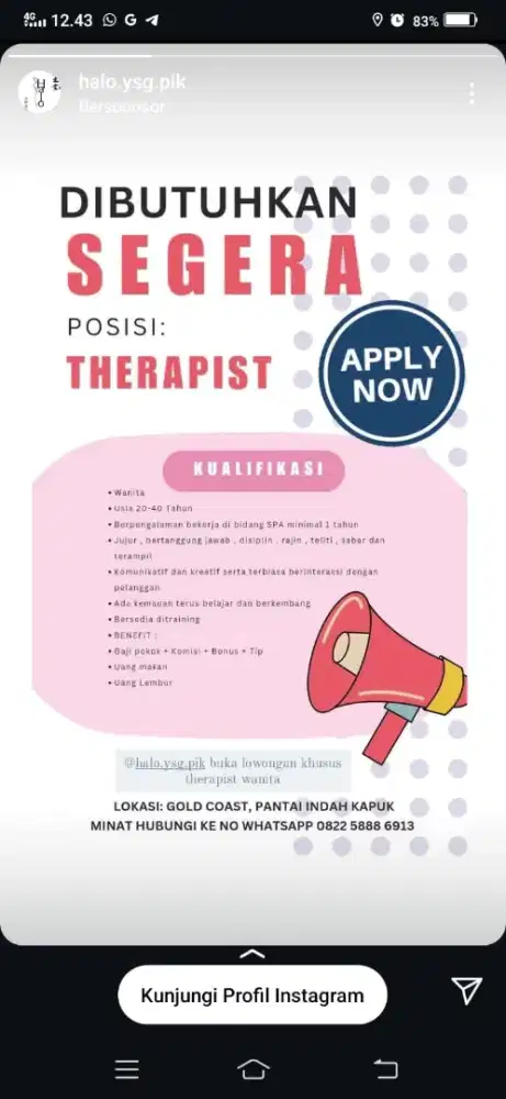 Dibutuhkan therapist wanita