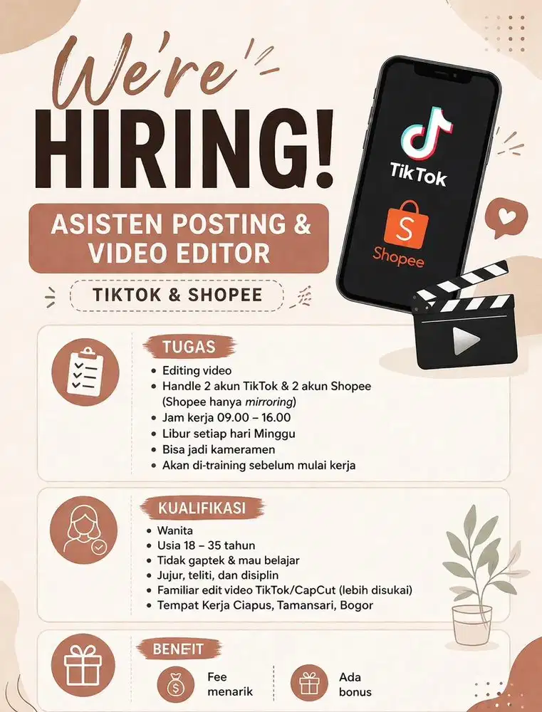 Dibutuhkan asisten edit dan posting video (tiktok dan shopee)